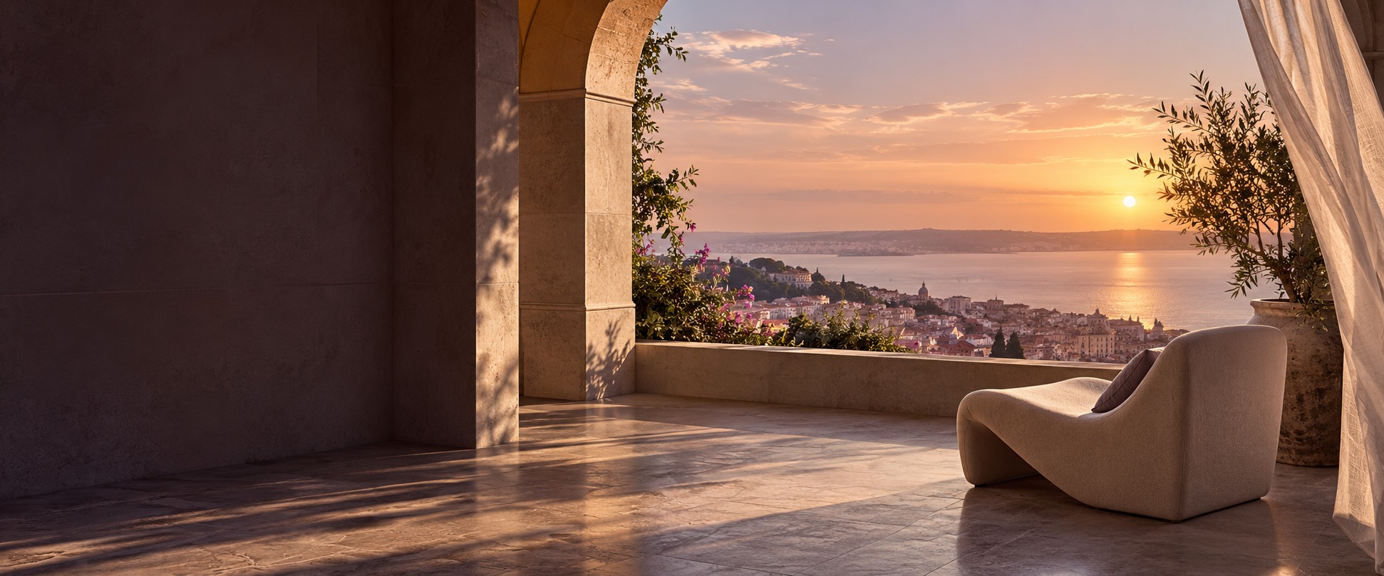 Serene Mediterranean terrace overlooking a coastal city at sunset