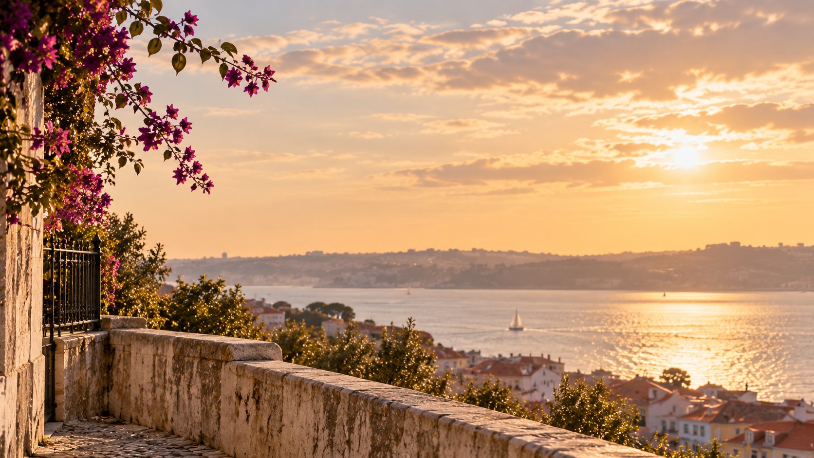 Airy Lisbon overlook at golden hour